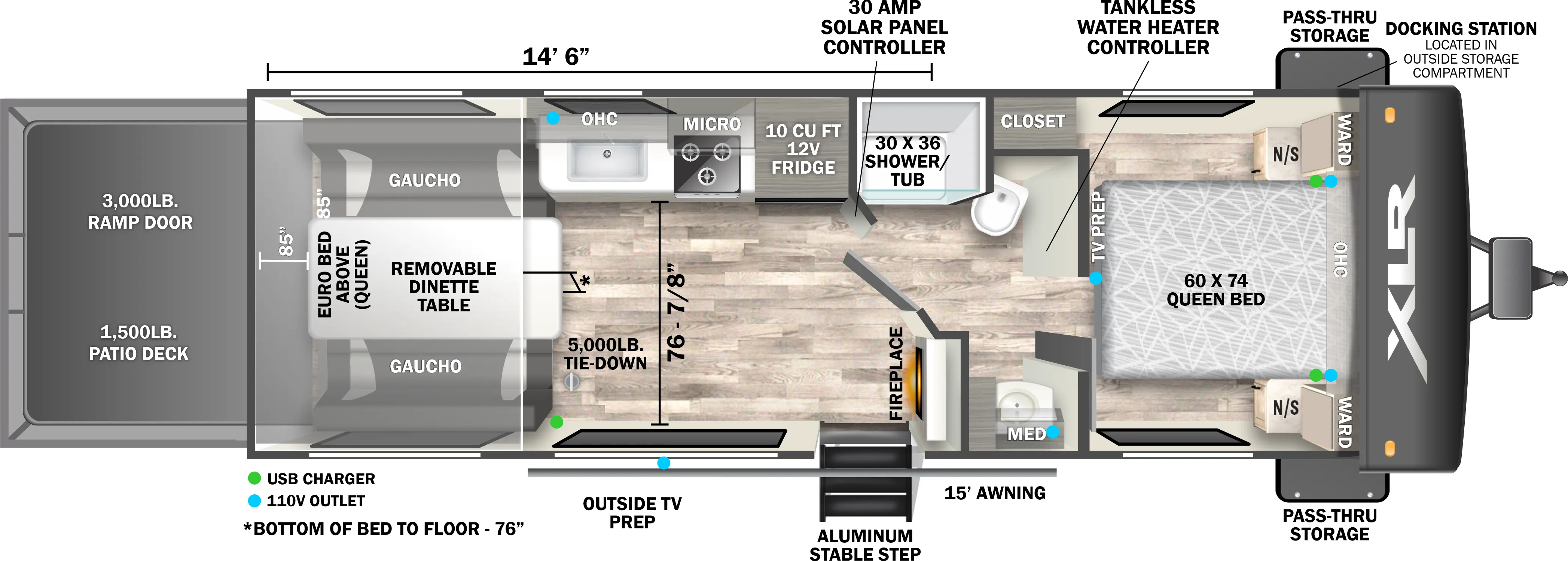 The 2514M has zero slideouts, one entry, and a rear ramp door. Exterior features pass-through storage with docking station, 15 foot awning, aluminum stable step entry, and outside TV prep. Interior layout front to back: foot-facing queen bed with overhead cabinet and wardrobes with night stands on each side, door side closet, and TV prep along inner wall at the foot of the bed; full split pass through bathroom with medicine cabinet, and tankless water heater controller; off-door side 12 volt refrigerator, 30 amp solar panel controller, microwave, cooktop, overhead cabinet, and sink; door side fireplace and entry; rear opposable gauchos with removable dinette table, and euro queen bed system above. Garage dimensions: 85 inch rear ramp door height, 3000 lb ramp door, and 1500 lb patio deck; 76 inches from floor to bottom of euro bed; 14 foot 6 inches from rear to bathroom wall; 76 7/8 inch from door side to kitchen counter.